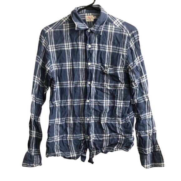 Faherty Mens Shirt Blue White Plaid 100% Linen Button Up Long Sleeve Small - Picture 1 of 11